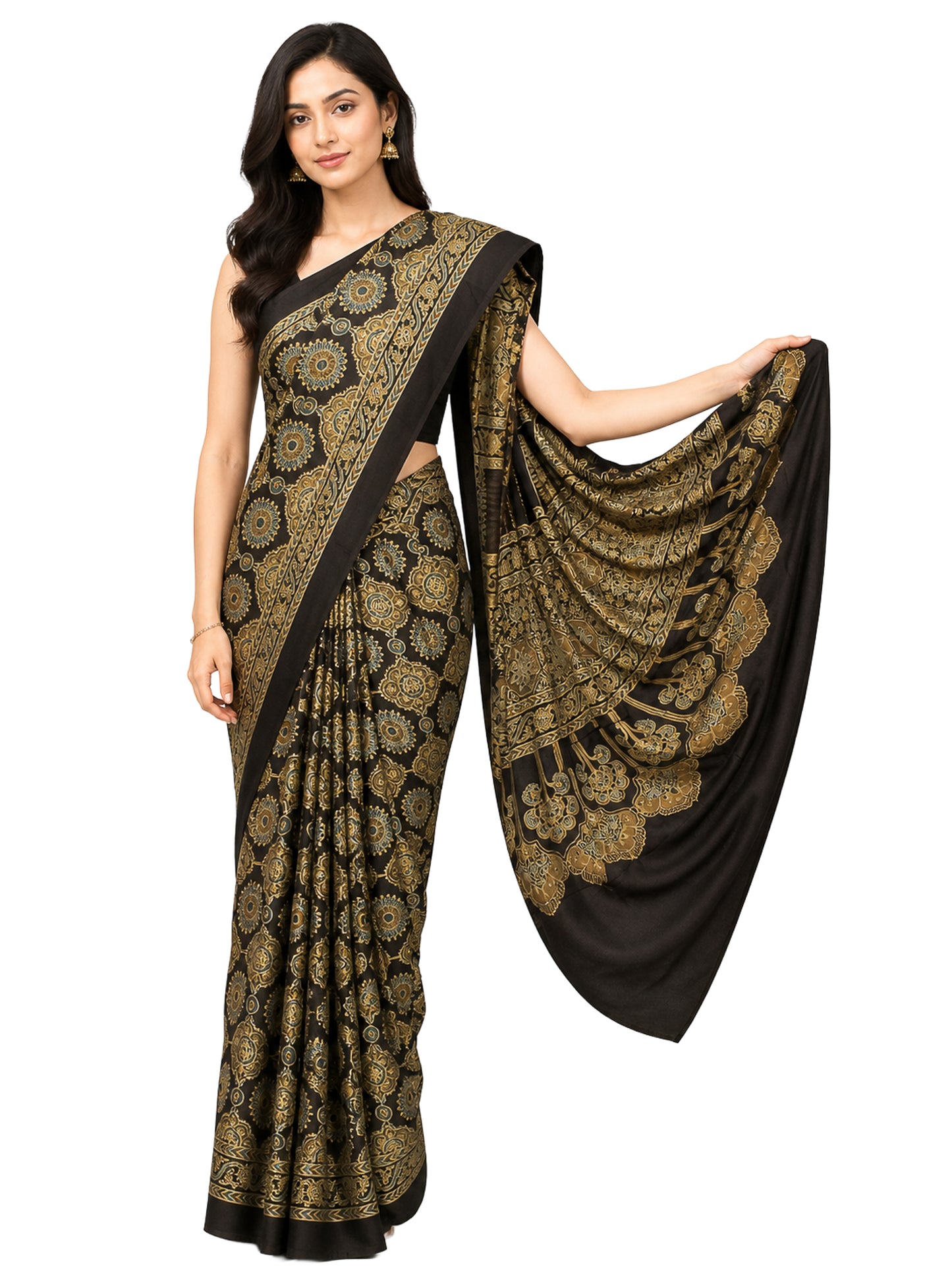 Ajrakh Modal Silk Natural Dye Hand Block Print Saree 5.5 Mtr Length + 0.85 Mtr Blouse Piece    -  SKU : ID24601F