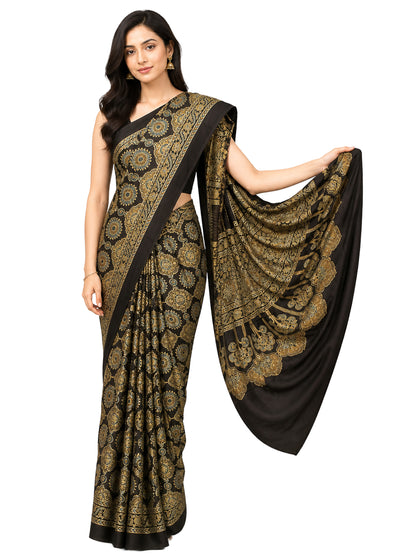 Ajrakh Modal Silk Natural Dye Hand Block Print Saree 5.5 Mtr Length + 0.85 Mtr Blouse Piece    -  SKU : ID24601F