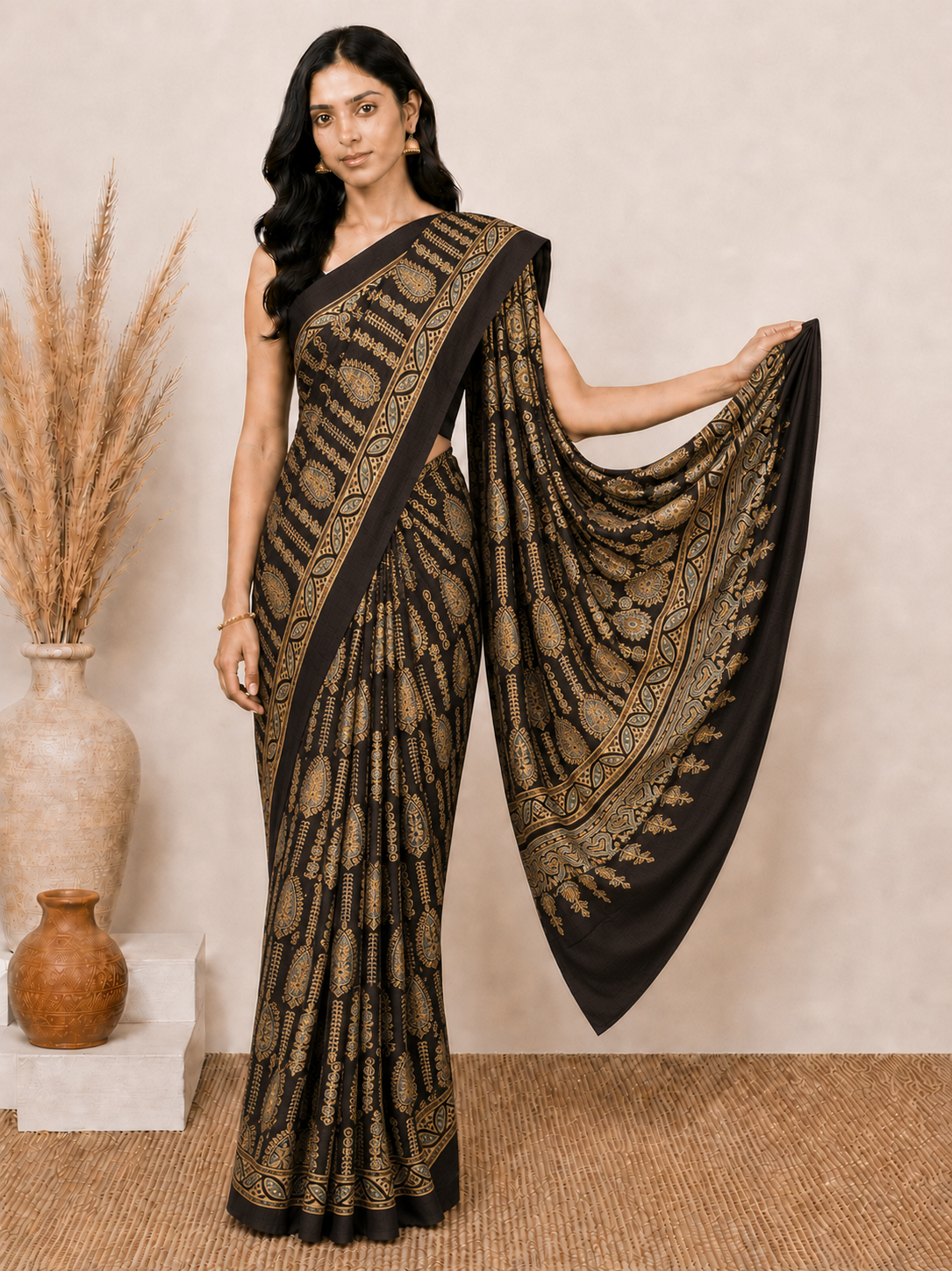 Ajrakh Modal Silk Natural Dye Hand Block Print Saree 5.5 Mtr Length + 0.85 Mtr Blouse Piece    -  SKU : ID24601L