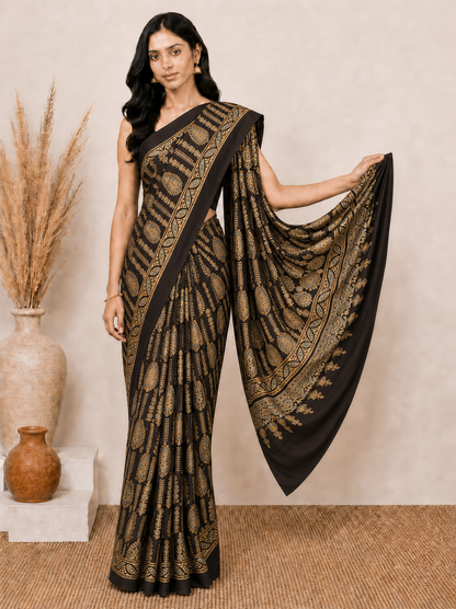 Ajrakh Modal Silk Natural Dye Hand Block Print Saree 5.5 Mtr Length + 0.85 Mtr Blouse Piece    -  SKU : ID24601L