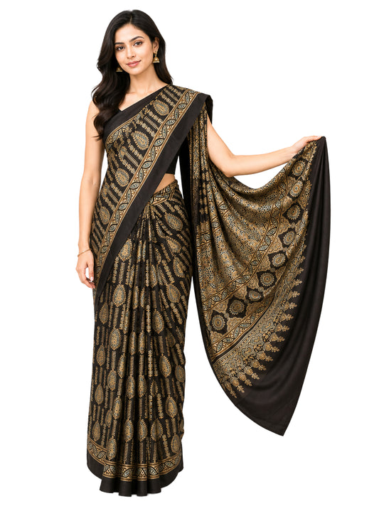 Ajrakh Modal Silk Natural Dye Hand Block Print Saree 5.5 Mtr Length + 0.85 Mtr Blouse Piece    -  SKU : ID24601L