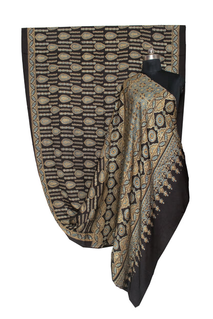 Ajrakh Modal Silk Natural Dye Hand Block Print Saree 5.5 Mtr Length + 0.85 Mtr Blouse Piece    -  SKU : ID24601L