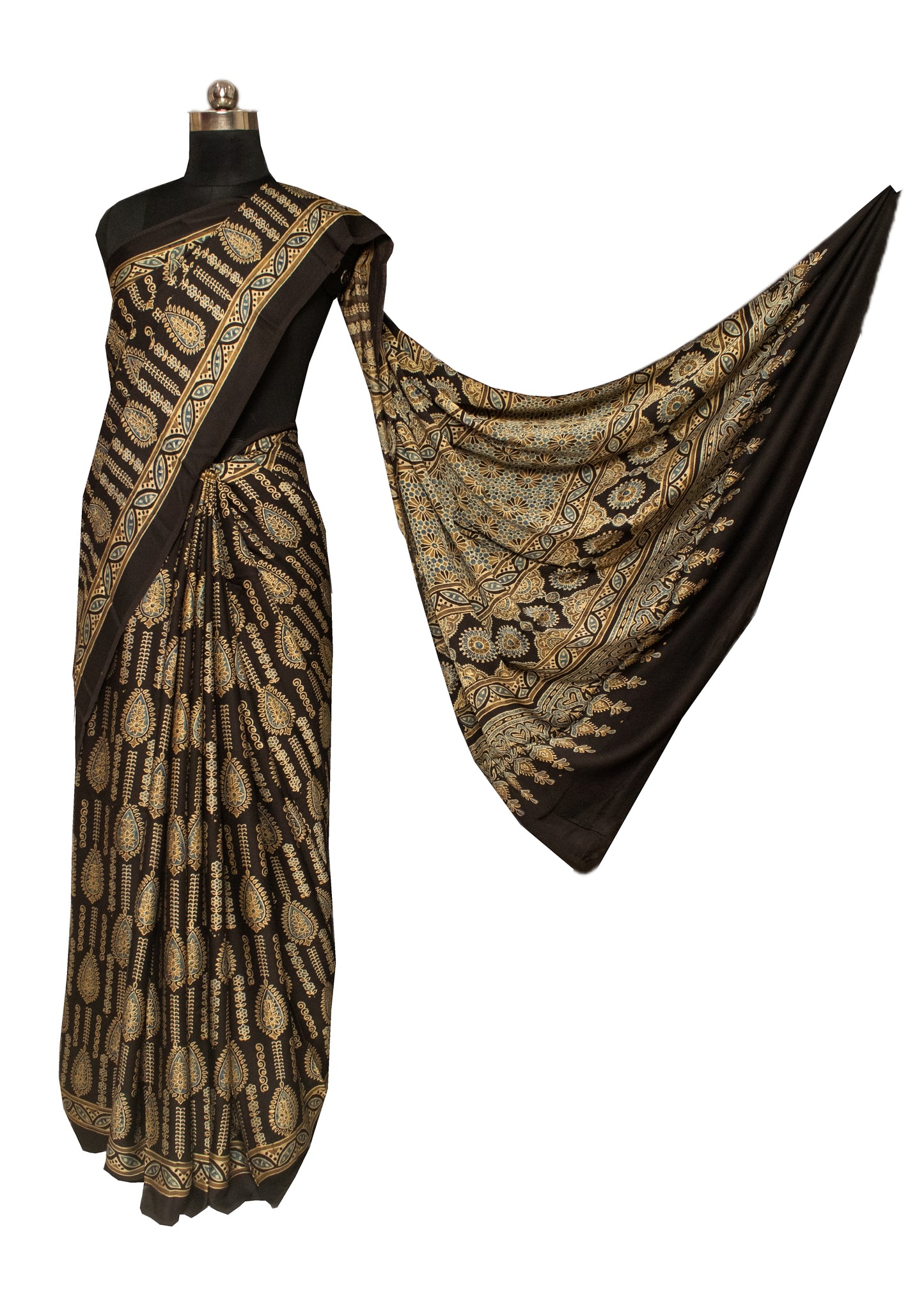 Ajrakh Modal Silk Natural Dye Hand Block Print Saree 5.5 Mtr Length + 0.85 Mtr Blouse Piece    -  SKU : ID24601L
