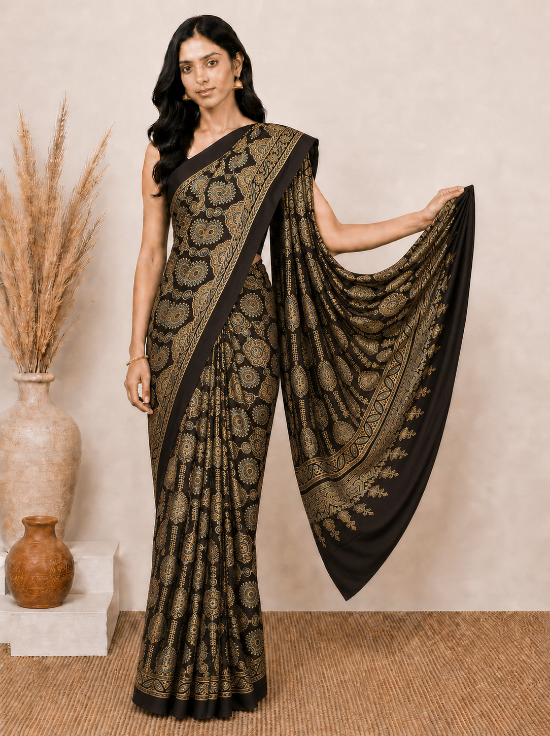 Ajrakh Modal Silk Natural Dye Hand Block Print Saree with Blouse Piece - 5.5 Mtr Length    -  SKU : ID24601R