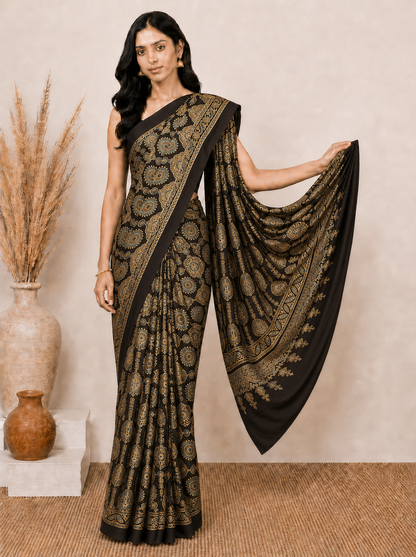 Ajrakh Modal Silk Natural Dye Hand Block Print Saree with Blouse Piece - 5.5 Mtr Length    -  SKU : ID24601R