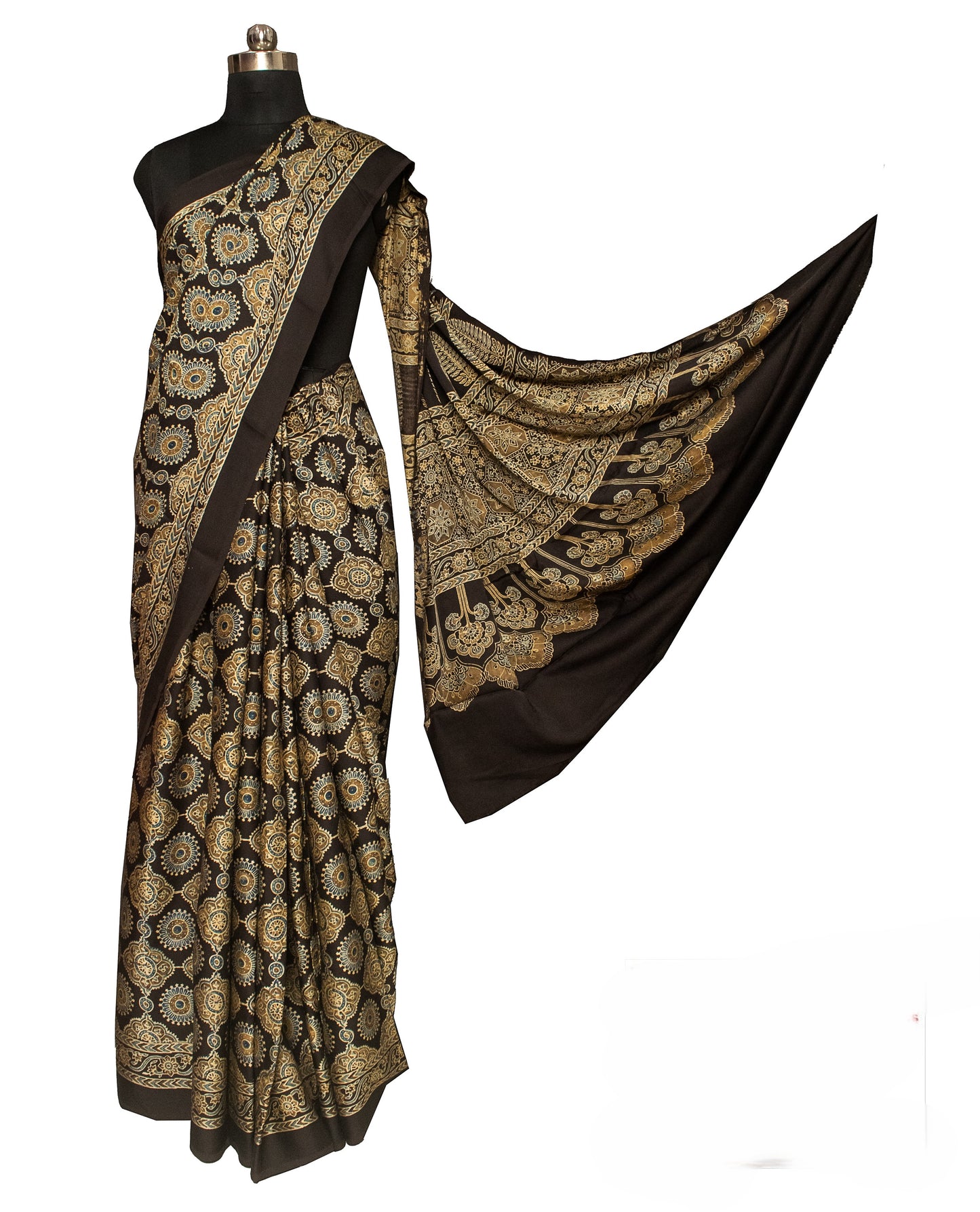 Ajrakh Modal Silk Natural Dye Hand Block Print Saree with Blouse Piece - 5.5 Mtr Length    -  SKU : ID24601R