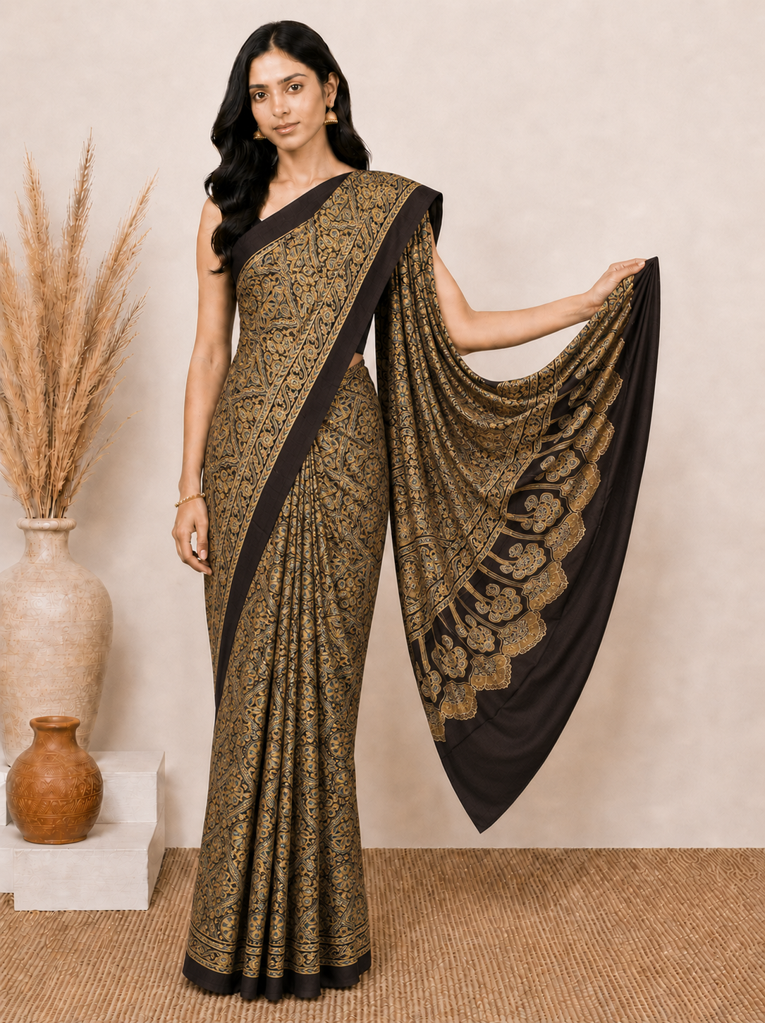 Ajrakh Modal Silk Natural Dye Hand Block Print Saree 5.5 Mtr Length + 0.85 Mtr Blouse Piece    -  SKU : ID24601X