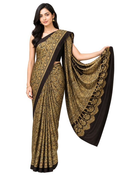 Ajrakh Modal Silk Natural Dye Hand Block Print Saree 5.5 Mtr Length + 0.85 Mtr Blouse Piece    -  SKU : ID24601X