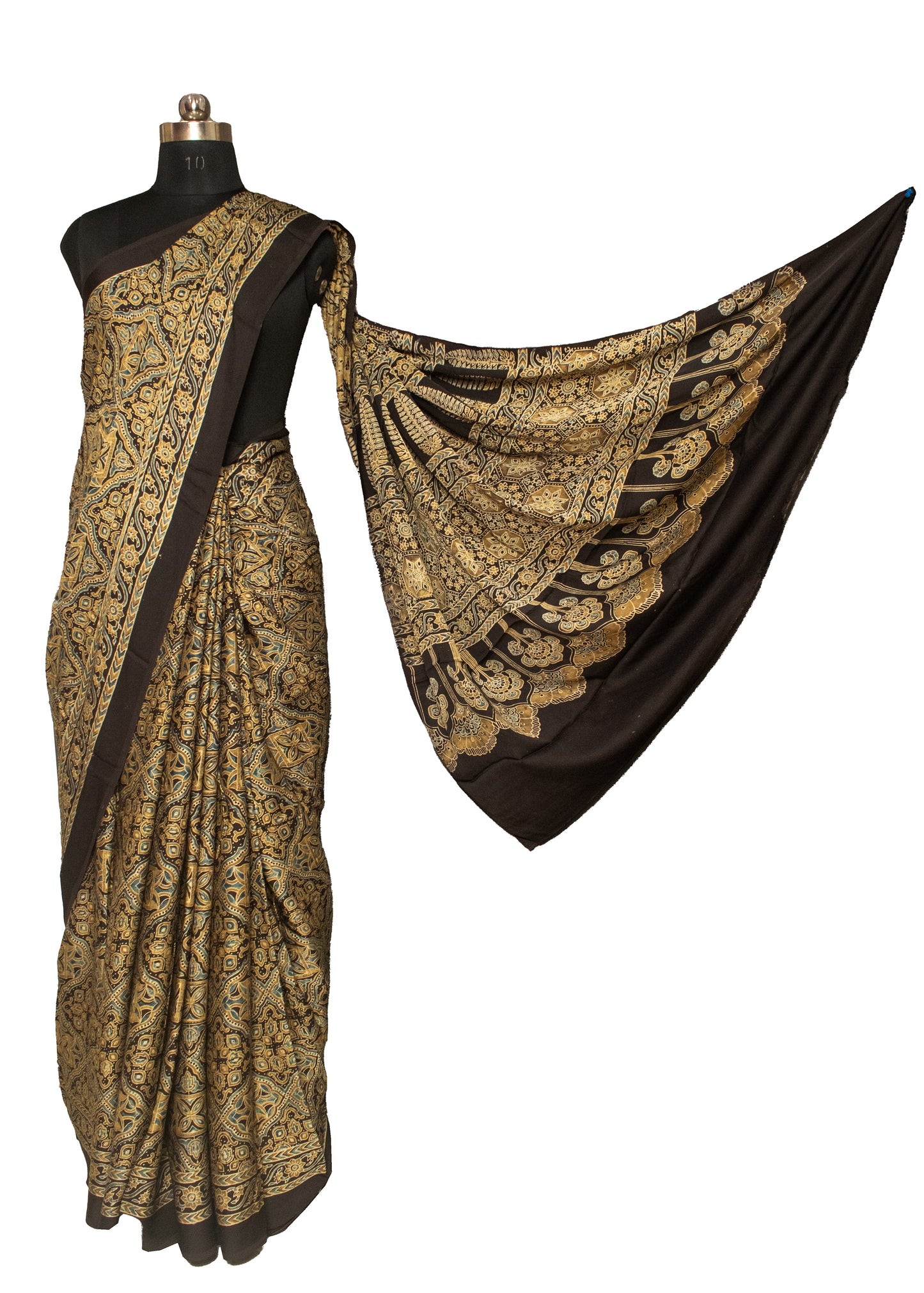 Ajrakh Modal Silk Natural Dye Hand Block Print Saree 5.5 Mtr Length + 0.85 Mtr Blouse Piece    -  SKU : ID24601X