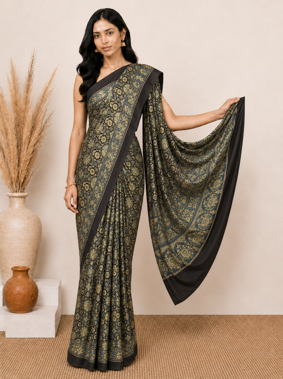 Ajrakh Modal Silk Natural Dye Hand Block Print Saree 5.5 Mtr Length + 0.85 Mtr Blouse Piece    -  SKU : ID2460AD