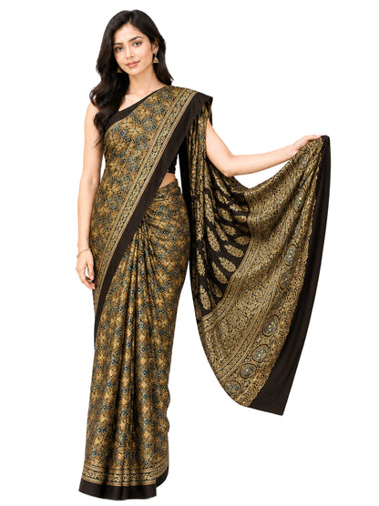 Ajrakh Modal Silk Natural Dye Hand Block Print Saree 5.5 Mtr Length + 0.85 Mtr Blouse Piece    -  SKU : ID2460AD