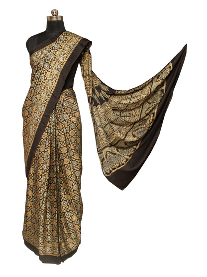 Ajrakh Modal Silk Natural Dye Hand Block Print Saree with Blouse Piece - 6 Mtr Length    -  SKU : ID2460AJ