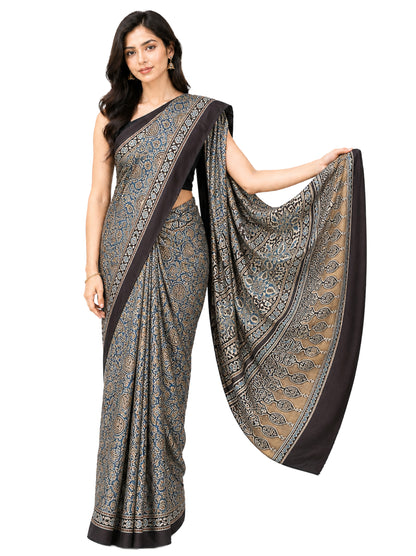 Ajrakh Modal Silk Natural Dye Hand Block Print Saree 5.5 Mtr Length + 0.85 Mtr Blouse Piece    -  SKU : ID2460AP