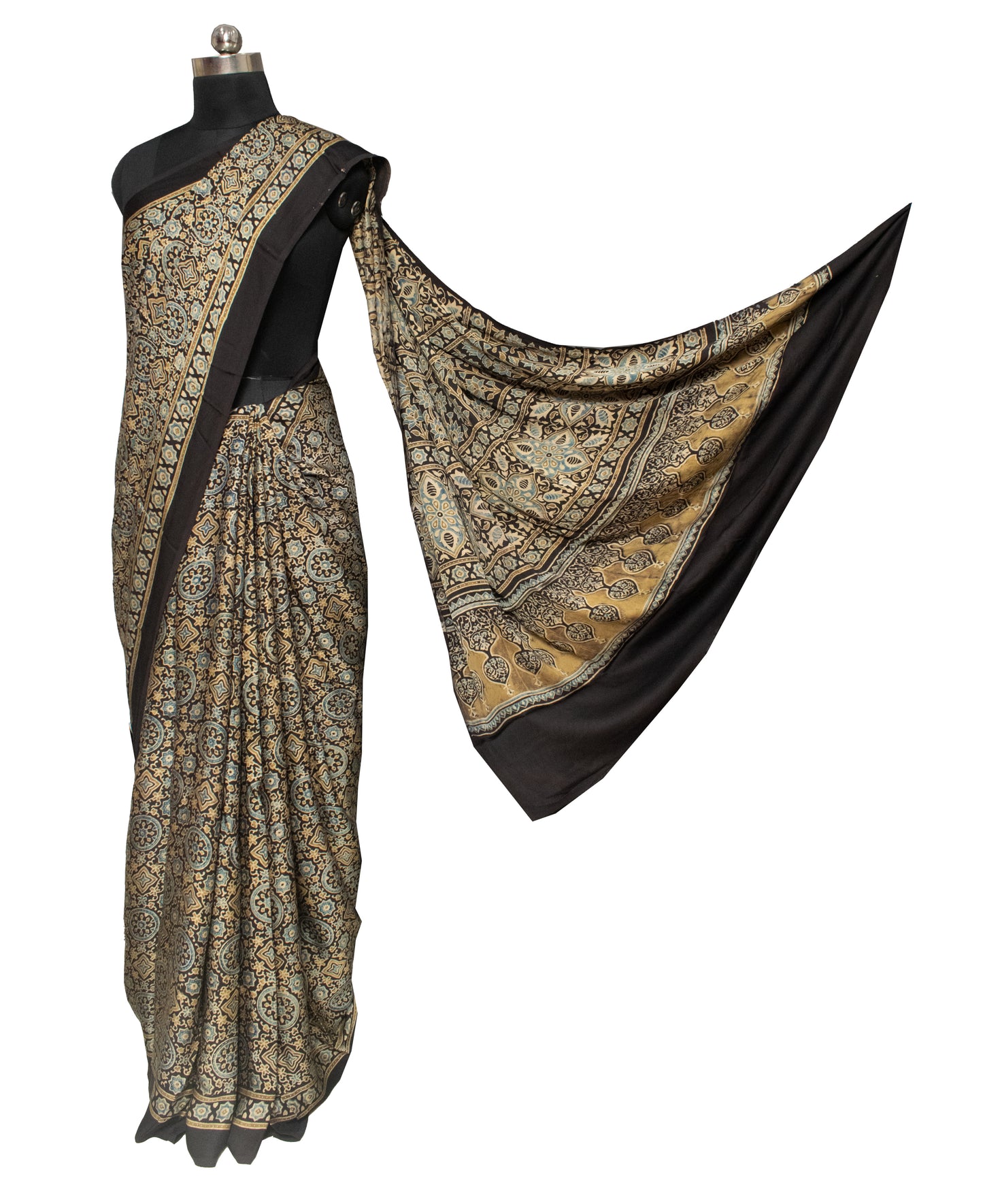 Ajrakh Modal Silk Natural Dye Hand Block Print Saree with Blouse Piece - 6 Mtr Length    -  SKU : ID2460AP