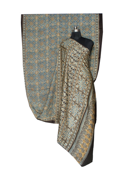 Ajrakh Modal Silk Natural Dye Hand Block Print Saree 5.5 Mtr Length + 0.85 Mtr Blouse Piece    -  SKU : ID2460AP