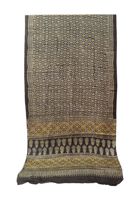 Ajrakh Modal Silk Natural Dye Hand Block Print Saree with Blouse Piece - 6 Mtr Length    -  SKU : ID05701B