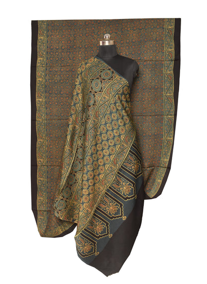 Ajrakh Modal Silk Natural Dye Hand Block Print Saree  with Ajrakh Blouse Piece  - 6 Mtr Length    -  SKU : ID14C01H