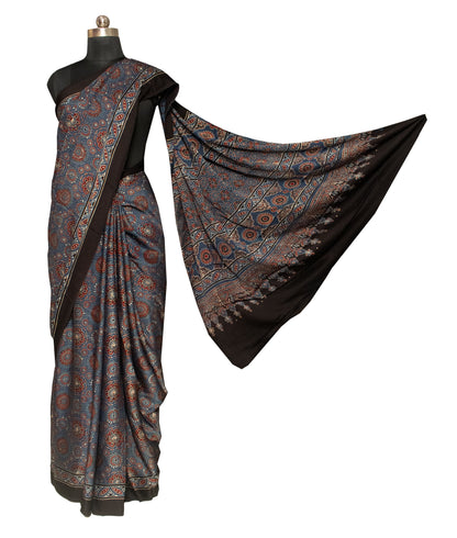 Ajrakh Modal Silk Natural Dye Hand Block Print Saree with Blouse Piece - 5.5 Mtr Length   -  SKU : AI18801C