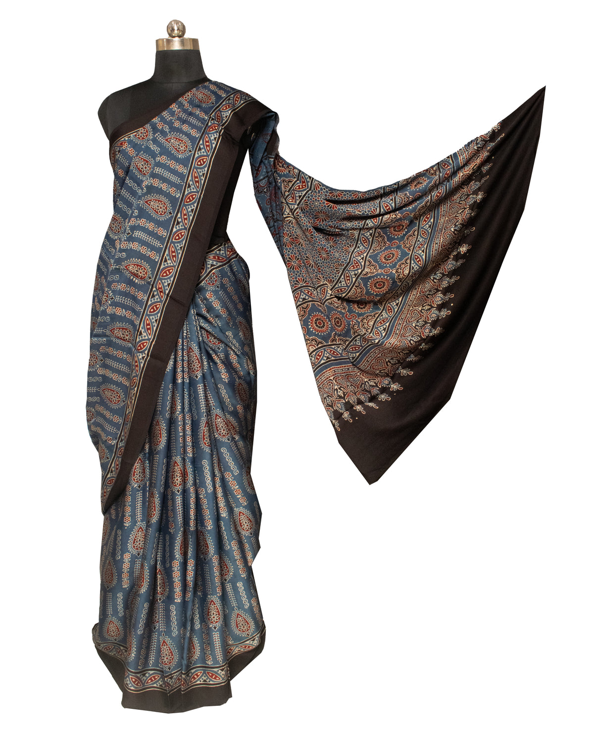 Ajrakh Modal Silk Natural Dye Hand Block Print Saree with Blouse Piece - 5.5 Mtr Length   -  SKU : AI18801C