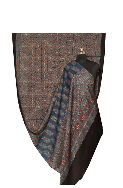 Ajrakh Modal Silk Natural Dye Hand Block Print Saree with Blouse Piece - 5.5 Mtr Length   -  SKU : AI18801H