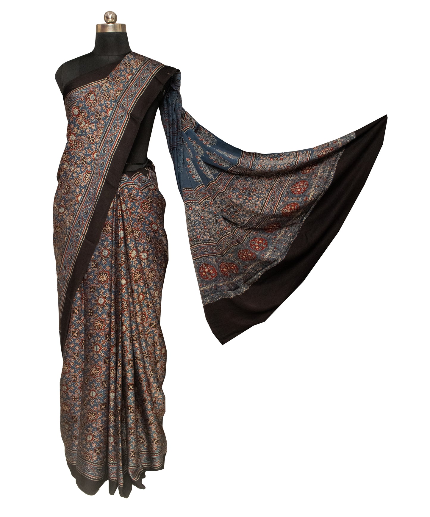 Ajrakh Modal Silk Natural Dye Hand Block Print Saree with Blouse Piece - 5.5 Mtr Length   -  SKU : AI18801H