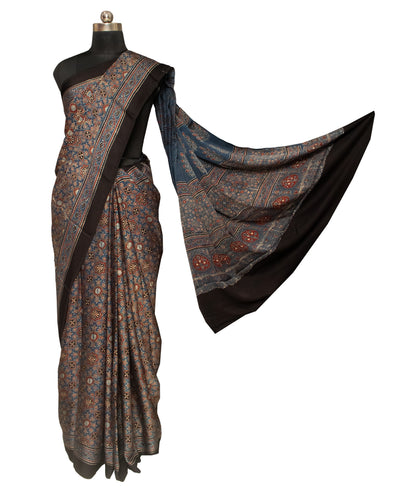 Ajrakh Modal Silk Natural Dye Hand Block Print Saree with Blouse Piece - 5.5 Mtr Length   -  SKU : AI18801H