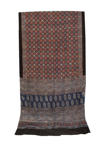 Ajrakh Modal Silk Natural Dye Hand Block Print Saree with Blouse Piece - 5.5 Mtr Length   -  SKU : AI18801M