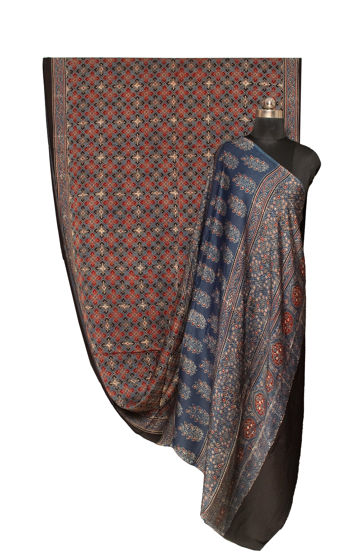 Ajrakh Modal Silk Natural Dye Hand Block Print Saree with Blouse Piece - 5.5 Mtr Length   -  SKU : AI18801M