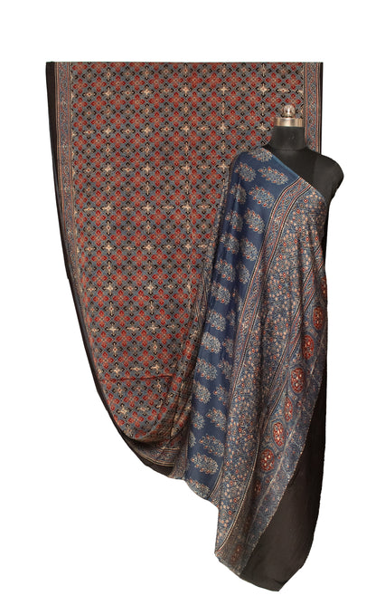 Ajrakh Modal Silk Natural Dye Hand Block Print Saree with Blouse Piece - 5.5 Mtr Length   -  SKU : AI18801M