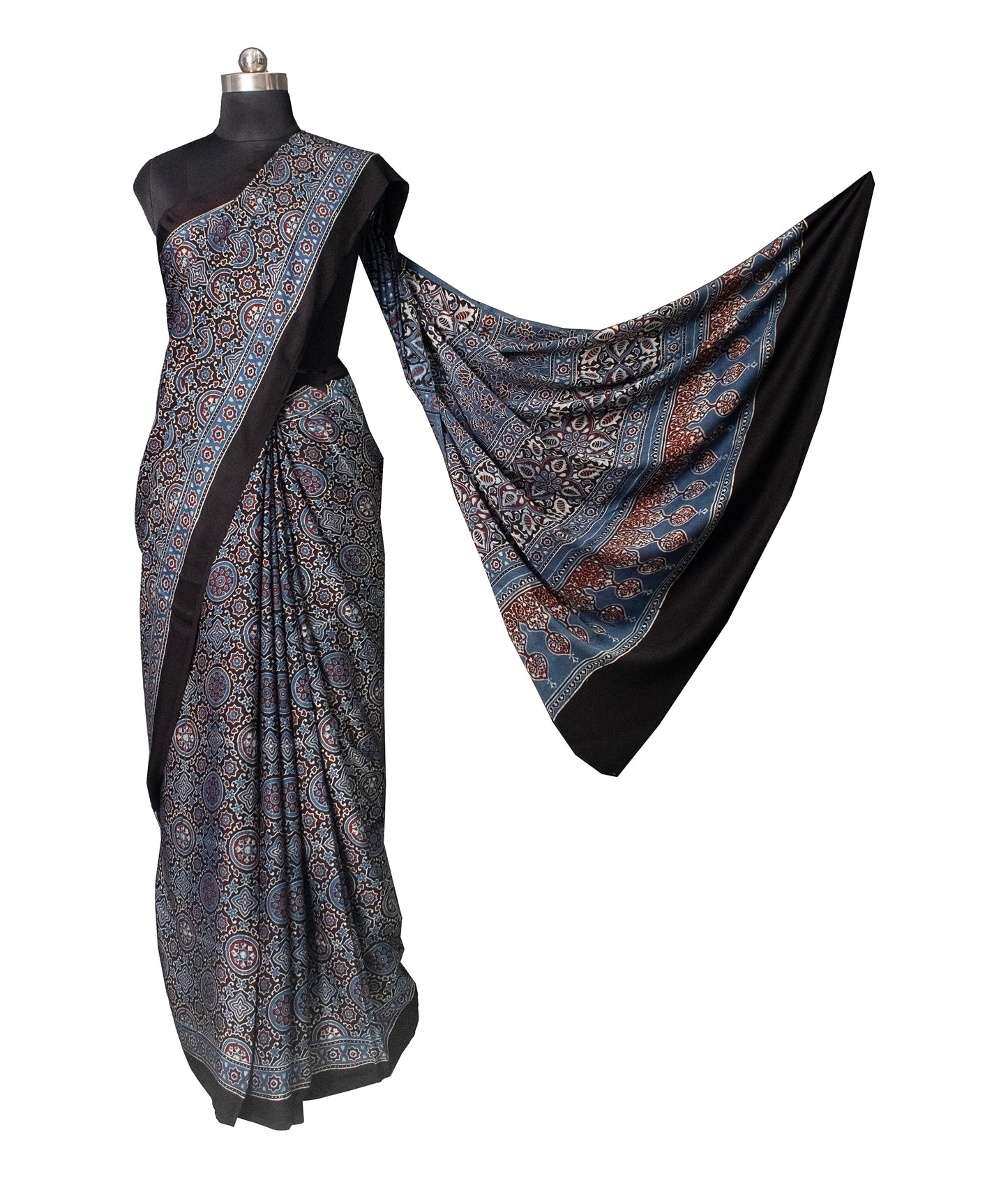 Ajrakh Modal Silk Natural Dye Hand Block Print Saree with Blouse Piece - 5.5 Mtr Length   -  SKU : AI18801R