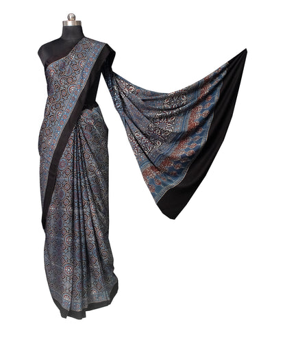 Ajrakh Modal Silk Natural Dye Hand Block Print Saree with Blouse Piece - 5.5 Mtr Length   -  SKU : AI18801R