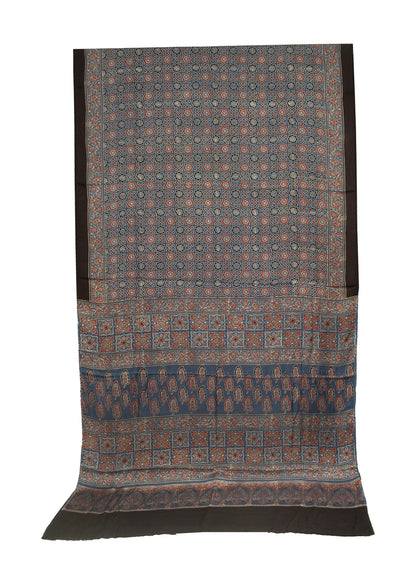 Ajrakh Modal Silk Natural Dye Hand Block Print Saree with Blouse Piece - 5.5 Mtr Length   -  SKU : AI18801W