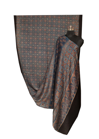 Ajrakh Modal Silk Natural Dye Hand Block Print Saree with Blouse Piece - 5.5 Mtr Length   -  SKU : AI18801W