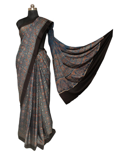Ajrakh Modal Silk Natural Dye Hand Block Print Saree with Blouse Piece - 5.5 Mtr Length   -  SKU : AI18801W