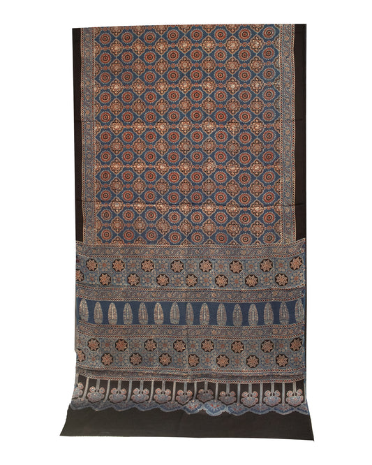 Ajrakh Modal Silk Natural Dye Hand Block Print Saree with Blouse Piece - 5.5 Mtr Length   -  SKU : AI1880AB