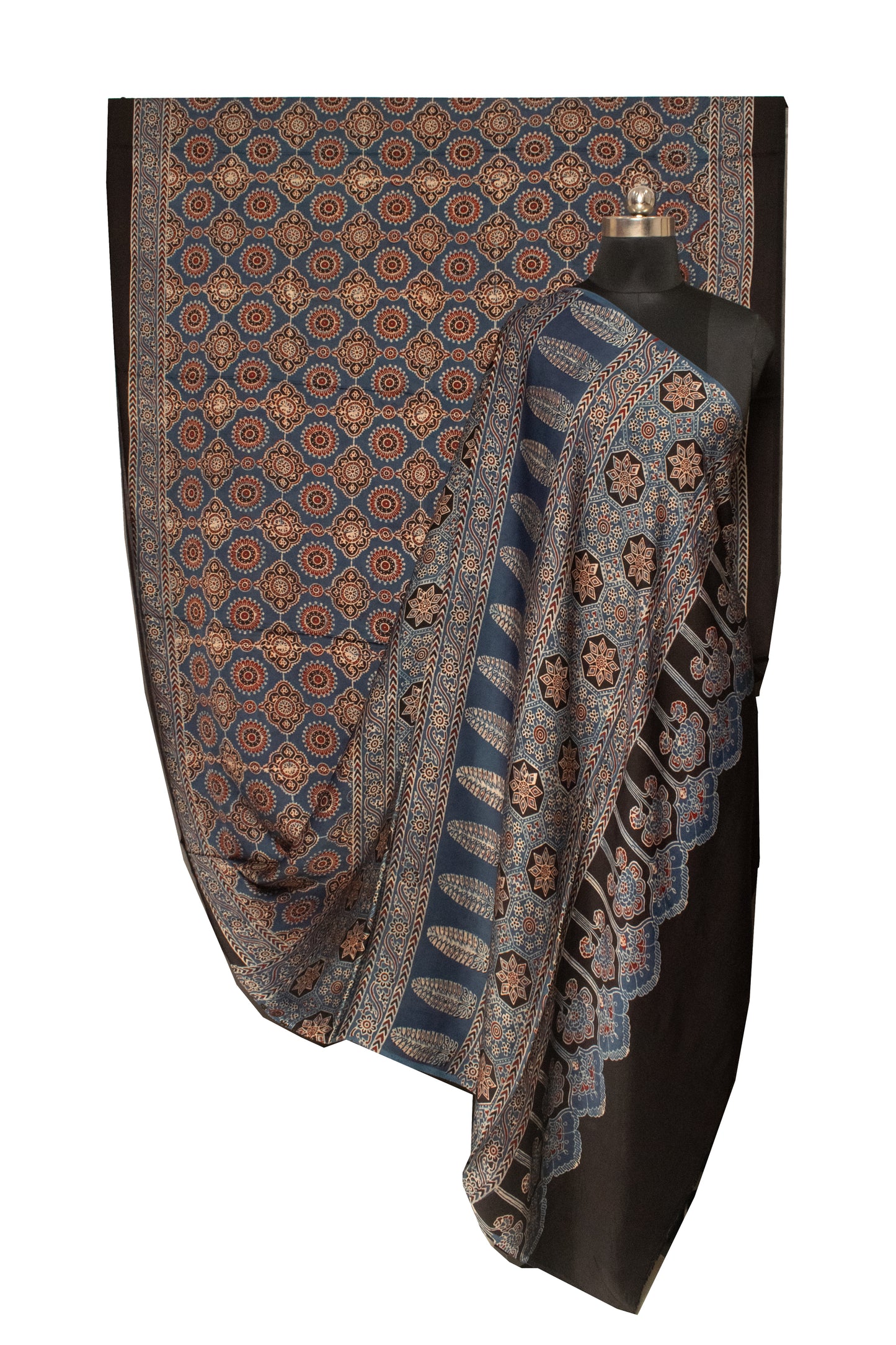 Ajrakh Modal Silk Natural Dye Hand Block Print Saree with Blouse Piece - 5.5 Mtr Length   -  SKU : AI1880AB