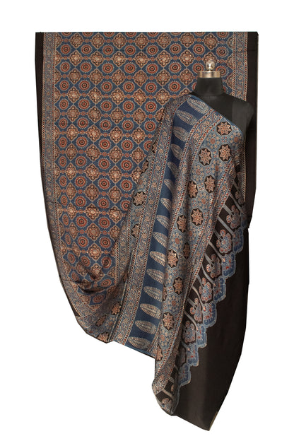 Ajrakh Modal Silk Natural Dye Hand Block Print Saree with Blouse Piece - 5.5 Mtr Length   -  SKU : AI1880AB
