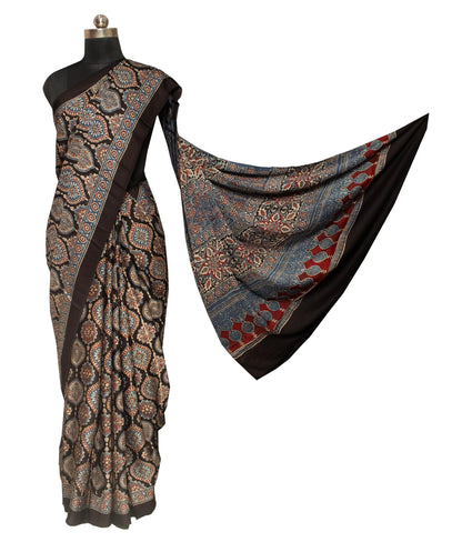 Ajrakh Modal Silk Natural Dye Hand Block Print Saree with Blouse Piece - 5.5 Mtr Length   -  SKU : AI1880AG