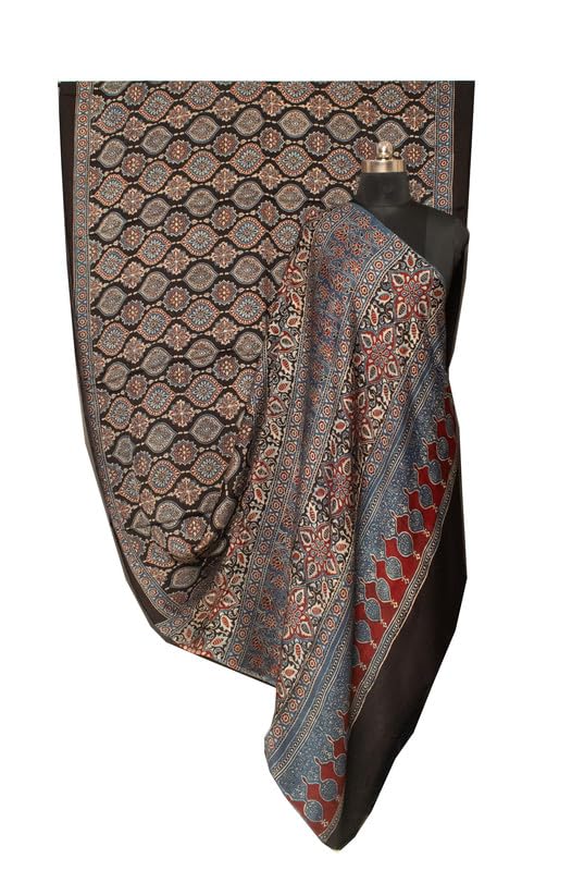 Ajrakh Modal Silk Natural Dye Hand Block Print Saree with Blouse Piece - 5.5 Mtr Length   -  SKU : AI1880AG