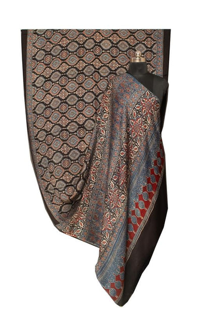 Ajrakh Modal Silk Natural Dye Hand Block Print Saree with Blouse Piece - 5.5 Mtr Length   -  SKU : AI1880AG
