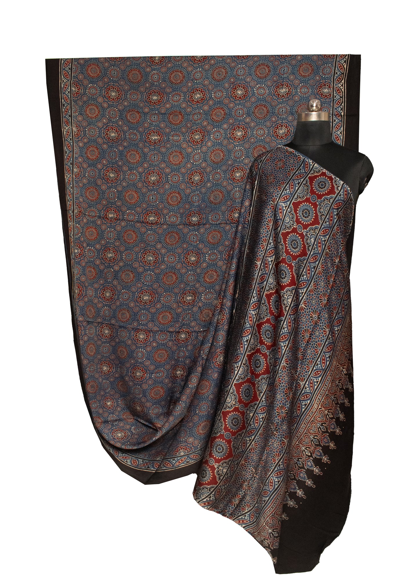 Ajrakh Modal Silk Natural Dye Hand Block Print Saree with Blouse Piece - 5.5 Mtr Length   -  SKU : AI1880AL