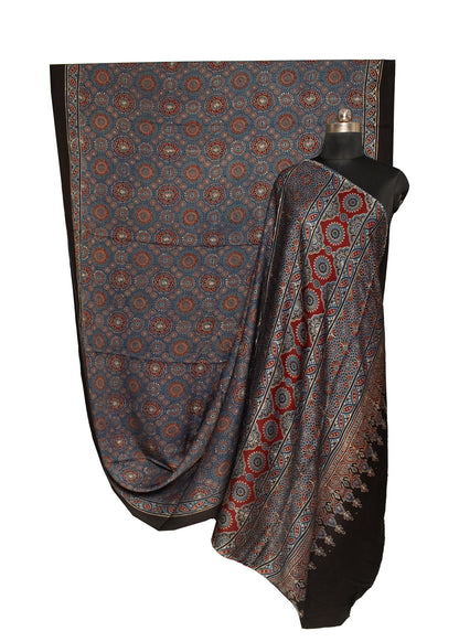 Ajrakh Modal Silk Natural Dye Hand Block Print Saree with Blouse Piece - 5.5 Mtr Length   -  SKU : AI1880AL