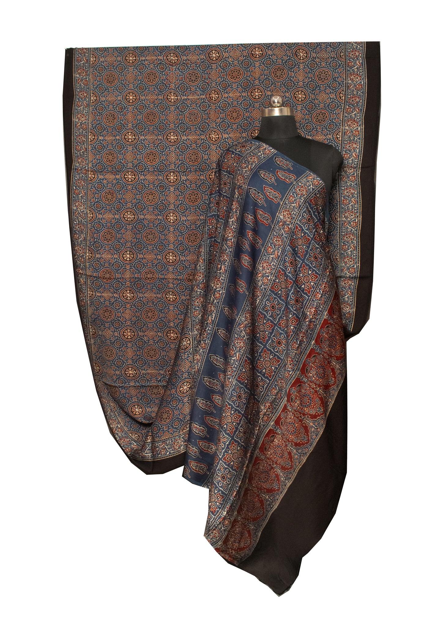 Ajrakh Modal Silk Natural Dye Hand Block Print Saree with Blouse Piece - 5.5 Mtr Length   -  SKU : AI1880AQ