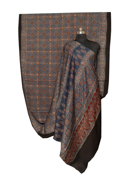 Ajrakh Modal Silk Natural Dye Hand Block Print Saree with Blouse Piece - 5.5 Mtr Length   -  SKU : AI1880AQ