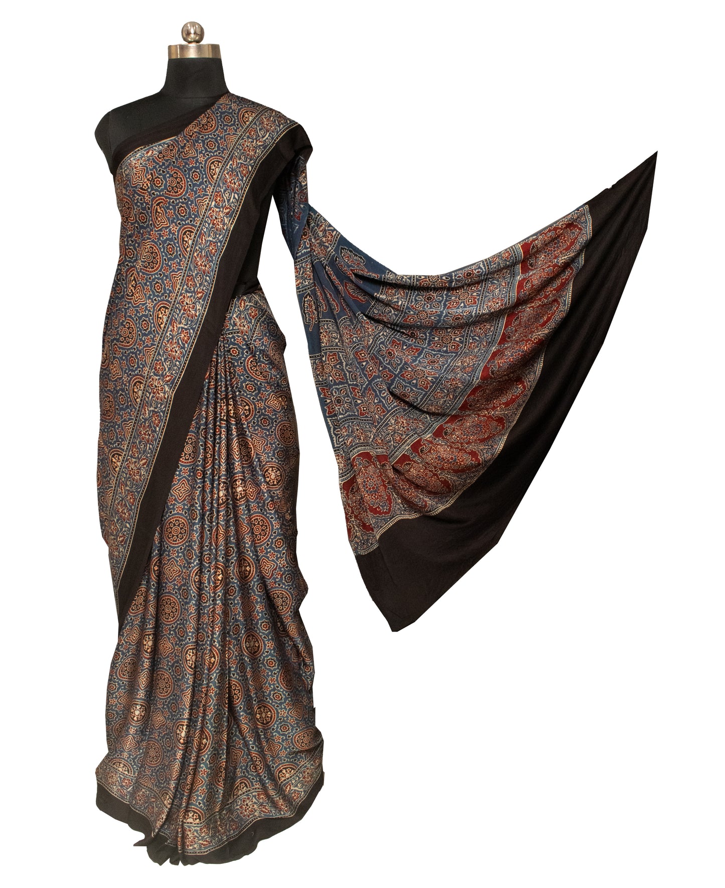 Ajrakh Modal Silk Natural Dye Hand Block Print Saree with Blouse Piece - 5.5 Mtr Length   -  SKU : AI1880AQ
