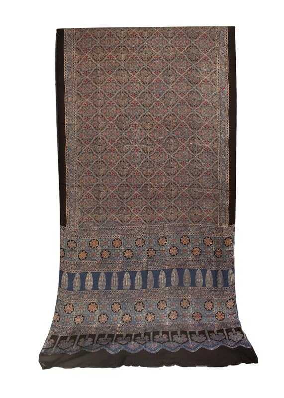 Ajrakh Modal Silk Natural Dye Hand Block Print Saree with Blouse Piece - 5.5 Mtr Length   -  SKU : AI1880AV