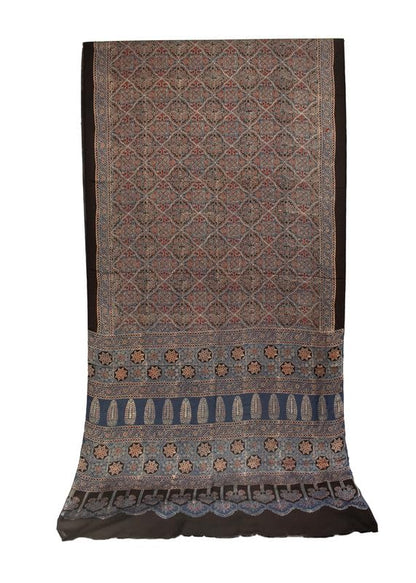 Ajrakh Modal Silk Natural Dye Hand Block Print Saree with Blouse Piece - 5.5 Mtr Length   -  SKU : AI1880AV