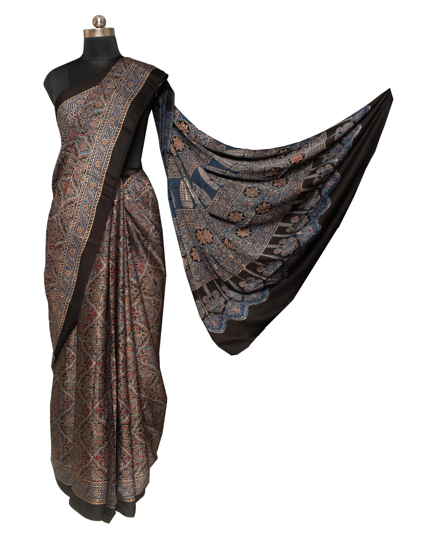 Ajrakh Modal Silk Natural Dye Hand Block Print Saree with Blouse Piece - 5.5 Mtr Length   -  SKU : AI1880AV