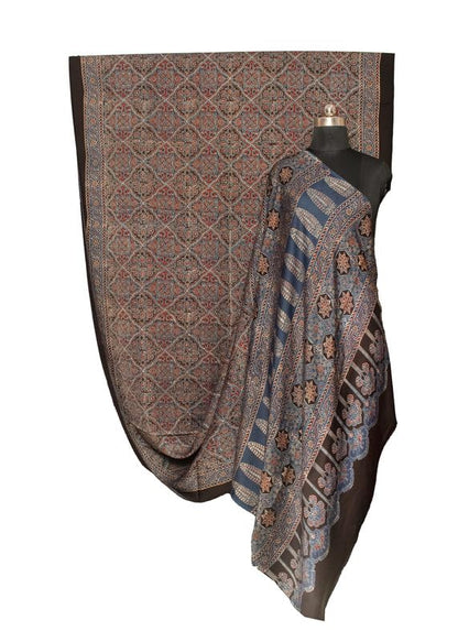 Ajrakh Modal Silk Natural Dye Hand Block Print Saree with Blouse Piece - 5.5 Mtr Length   -  SKU : AI1880AV