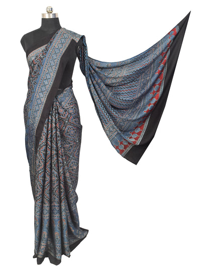 Ajrakh Modal Silk Natural Dye Hand Block Print Saree with Blouse Piece - 5.5 Mtr Length    -  SKU : EK04C01A